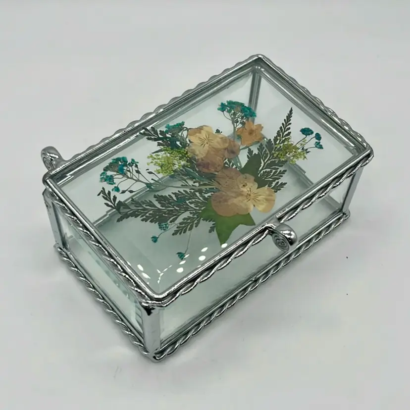 Beveled Glass Trinket Box Hinged Press Flowers Vanity Cottage Artisan Frosted Glass | 5”