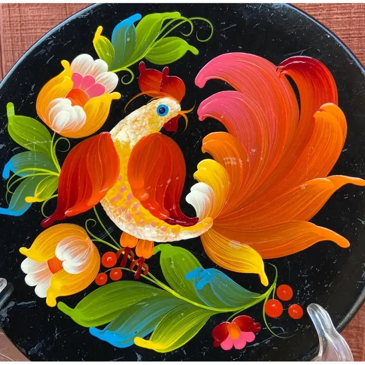 Vibrantly-Colored, Hand-Painted, Russian Black Lacquer, Bird & Floral, Wooden Wall Decor Plate. 8”.