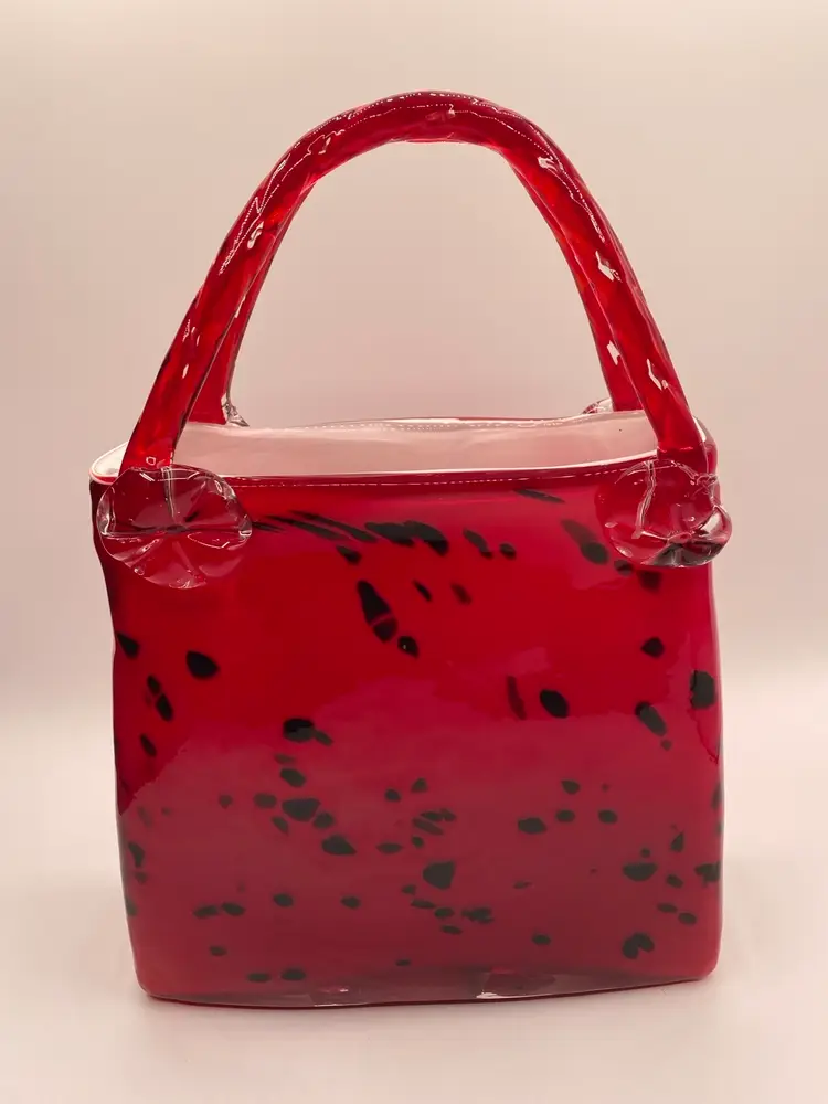 Vintage Italian Hand Blown Red Purse With Black Splash 12” T - 8-1/2” H