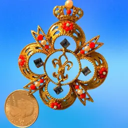 Stunning Vintage Gold Tone Crown Fleur De Lis Brooch Blue Crystals, Faux Pearls