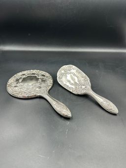 Vintage Silver Plate, Vanity, Set Brush And Hand Mirror Floral Design Heavy