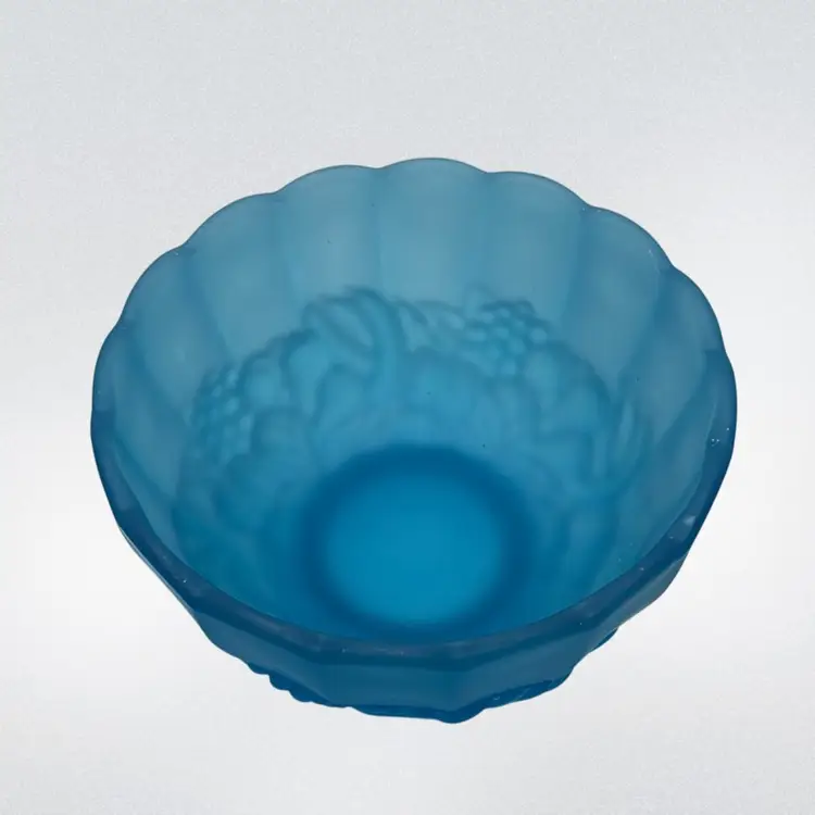 Vtg Indiana Blue Satin Glass Bowl Pedestal Fruit Garland Panel 8.25"