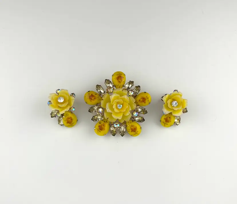 Vintage Gold Tone Yellow Lucite and Glass Rhinestone Rose Brooch and Earring Set