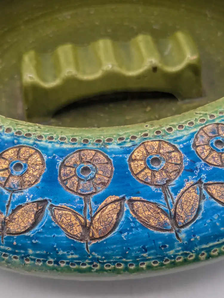 ​Vintage Raymor Bitossi Italy Pottery Ashtray MCM Blue Green Gold Floral Dish Aldo Londi Style