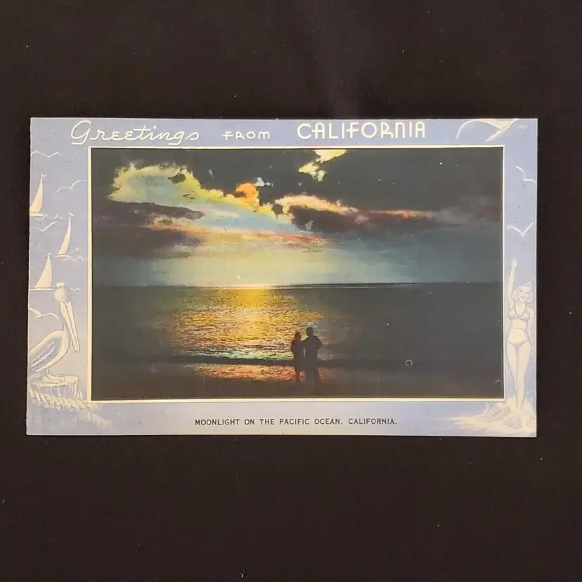 Postcard Greetings From CALIFORNIA Moonlight Pacific Ocean unused Vintage