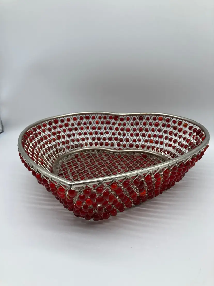 Heart-Shaped Wire Basket with Red Glass Beads, Made in India