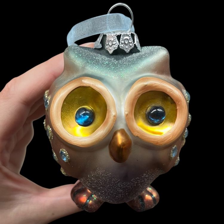 Colorful Blown Glass Owl Ornament With Sparkles And Rhinestones, Pier One Owl Ornament