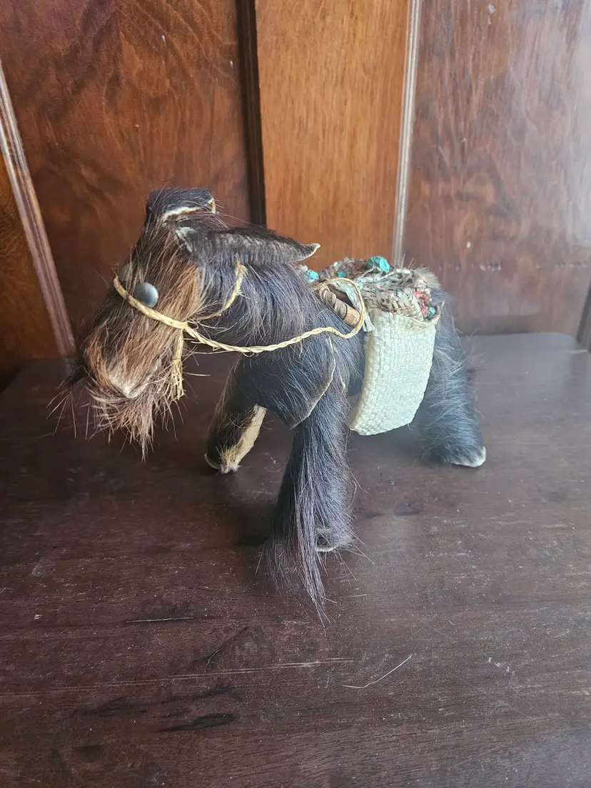 Vtg Mexican Folk Art Donkey Mule Marchanta Carrying Trade Items Real Fur