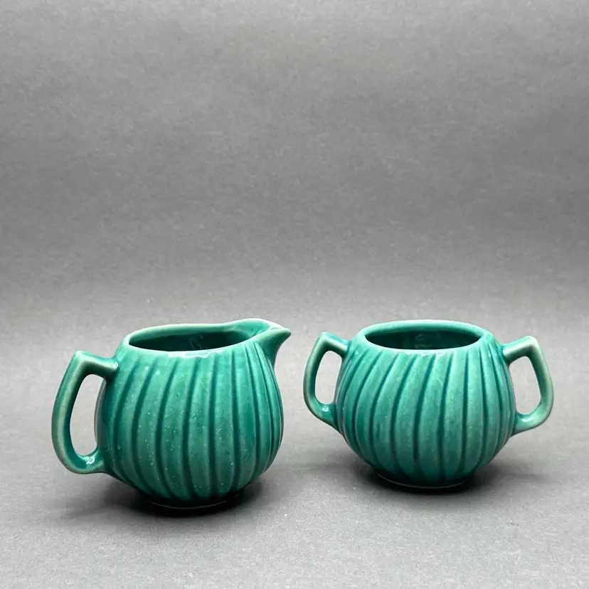 Vintage Fluted Green Ceramic Creamer and Sugar Set c. 1940's