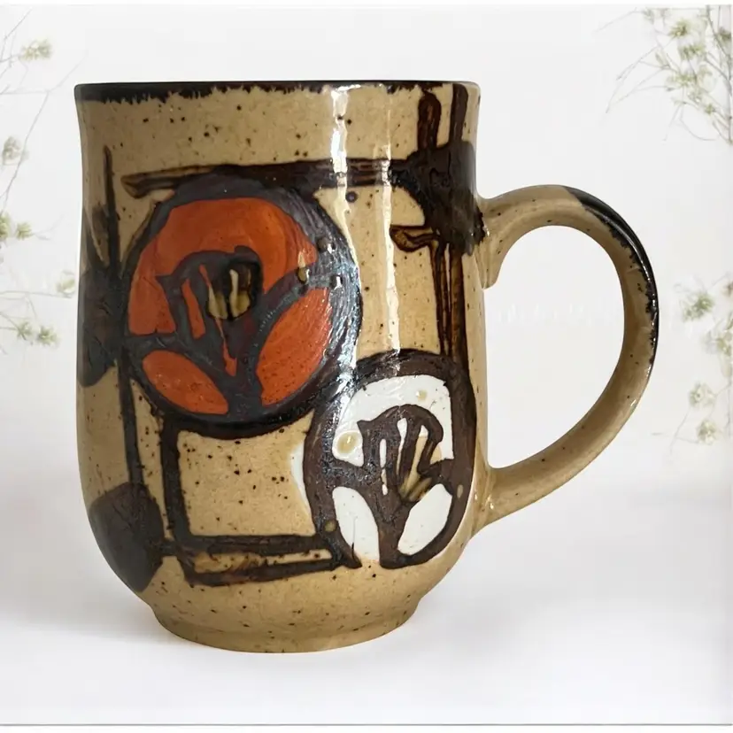 Vintage Hand Painted Speckled Coffee Mug. Brown Stoneware Pottery. Retro Flowers 1970s