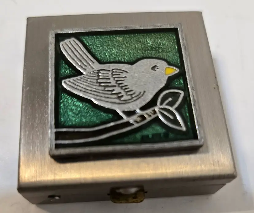 Vintage Gail Ahlers Bird Trinket Box - Green Enamel Silver Tone Pewter - Signed USA