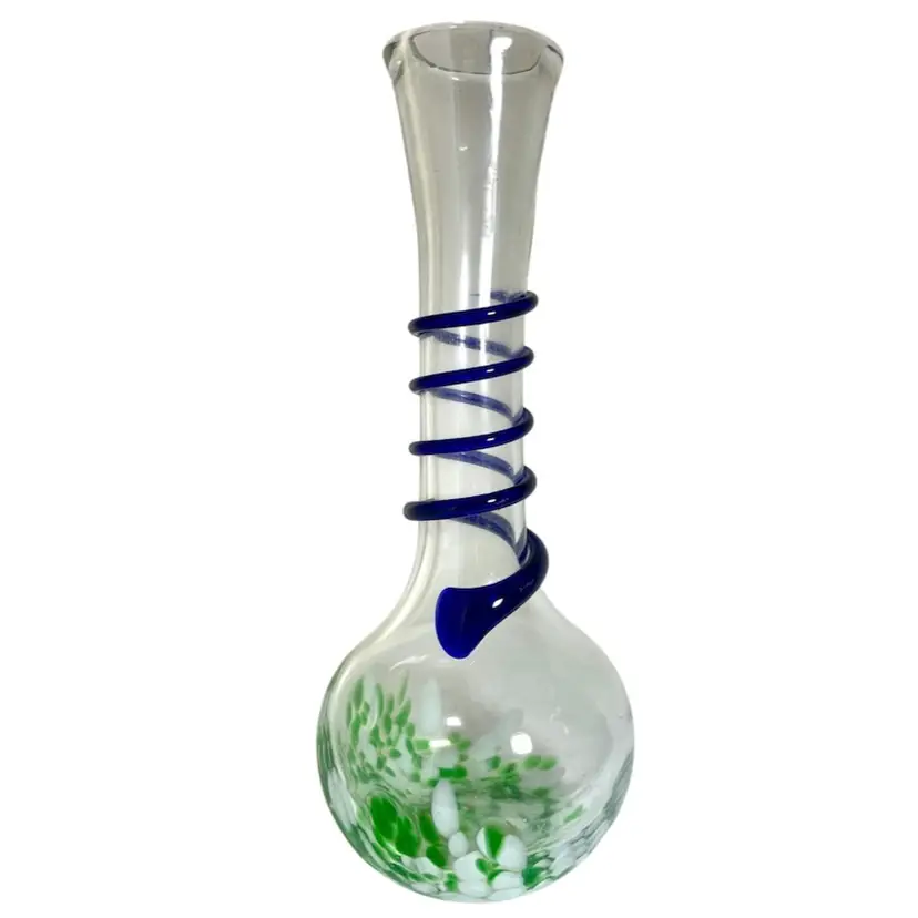 Clear Art Glass Green Splatter Vase with Applied Blue Swirl 11.5”