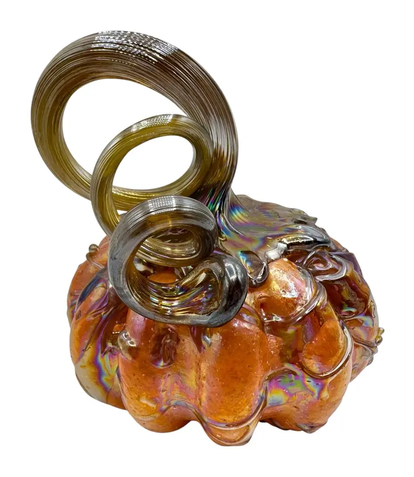 Handblown Studio Art Glass Pumpkin Sculpture Figurine Iridescent Orange Stem 5”