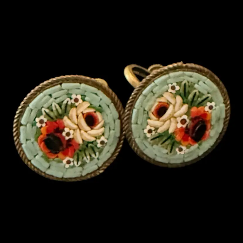 Micro Mosaic Floral Screw Back Earrings .75”