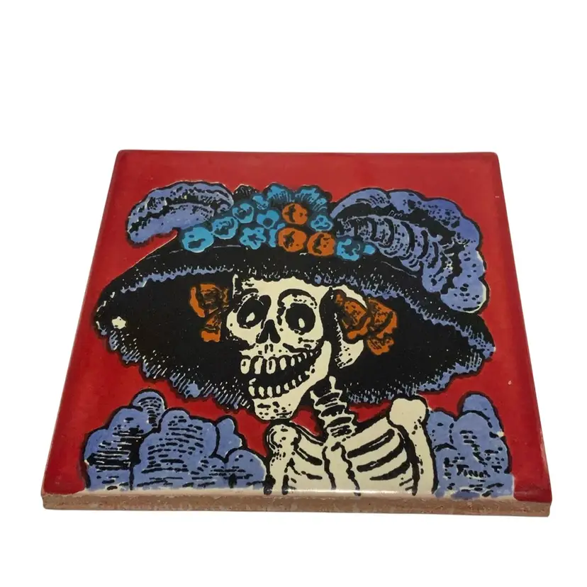 Hand Crafted Talavera Mexican Tile Mosaic Day of the Dead Cranberry Red Background Catrina Featuring Thee Catrina In Purple And Black Feathery Hat With Plumes And Blue Red Satin Lace Roses In A Purple Dress 4.5” By 4.5” Red Clay