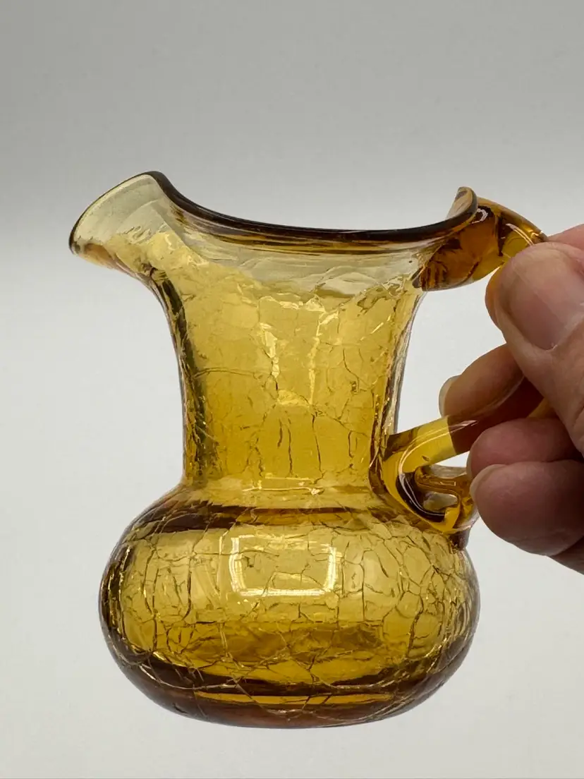 #07. Vintage Amber Hand Blown Crackle Art Glass Small Pitcher