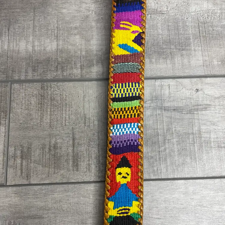 Vintage Woven Colorful Folk Art Hand Tooled Ethnic Leather Belt Guatemala 30 M