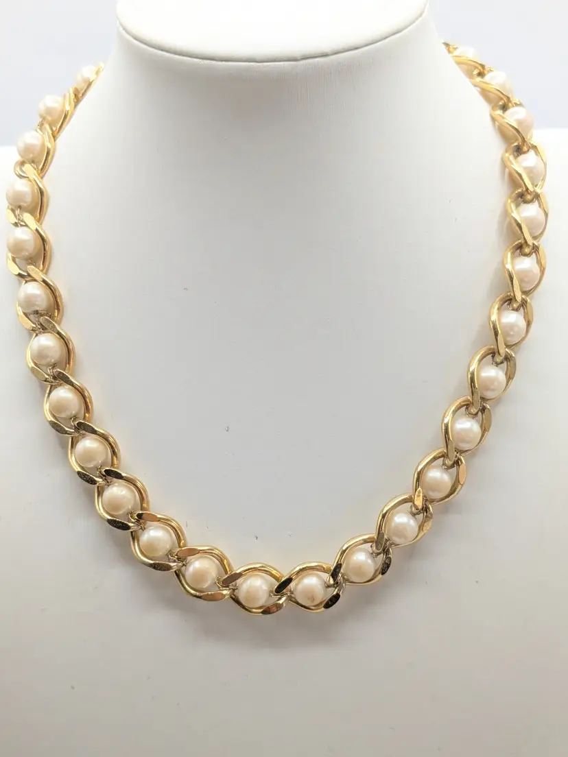 Vintage Gold Tone Faux Pearl Chain Necklace