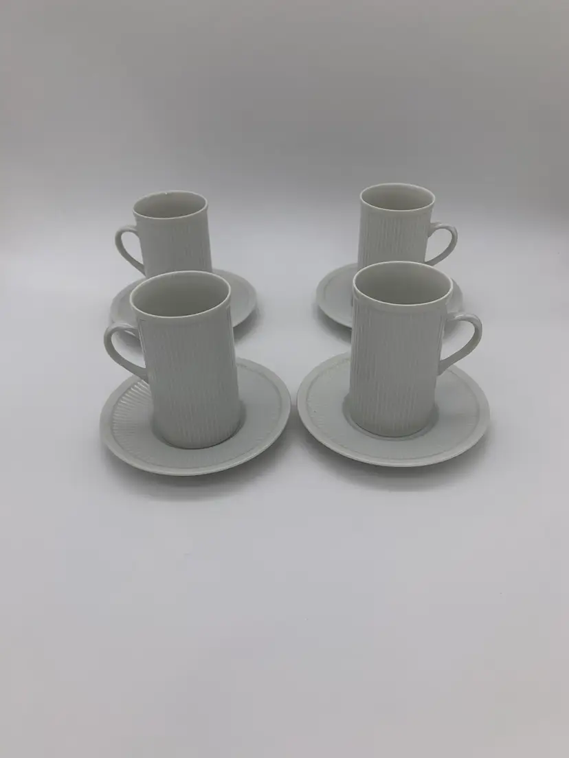 Fitz and Floyd Classic Vtg.Nevaeh White Ribbed Cylinder Cups & Saucers Set Of 4