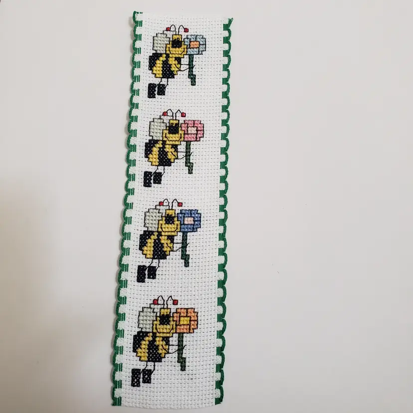 New Cross-stitched Bee w/Flower Bookmark stitched on Ribband