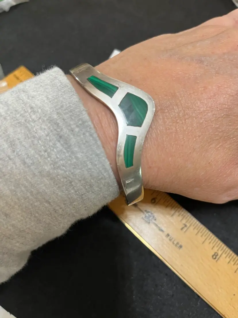Taxco Signed TN-22 Sterling Silver 47g Malachite Bracelet Fits 7-8”