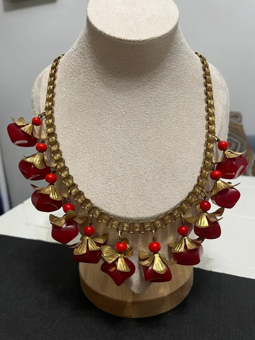 Book Chain Cherry Bakelite Charm Necklace 19”