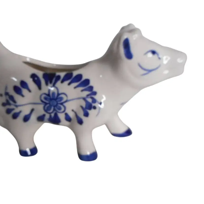 Vintage blue white Delft Pottery style Cow Ceramic Creamer Pitcher floral windmill
