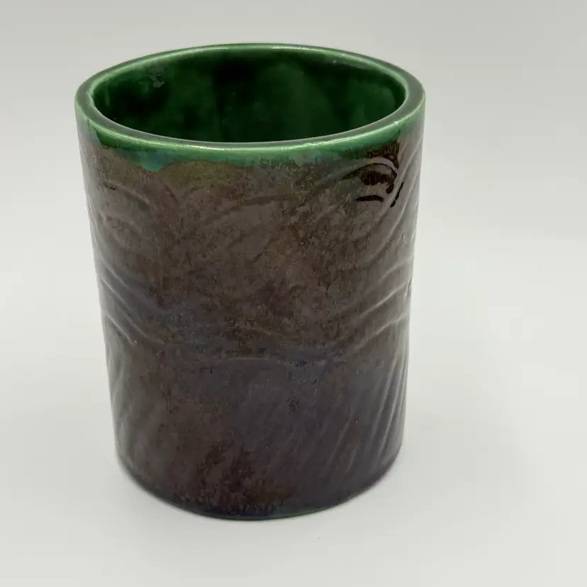 Vintage Mid Century Handmade Pottery Brown Green Glaze Cylinder Planter