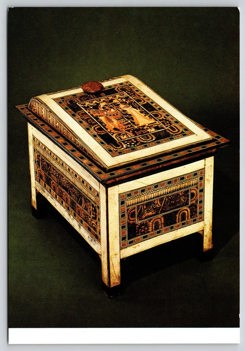 Postcard Painted Wood and Ivory Chest Egyptian Museum Cairo Egypt Treasures of Tutankamun  -  10057