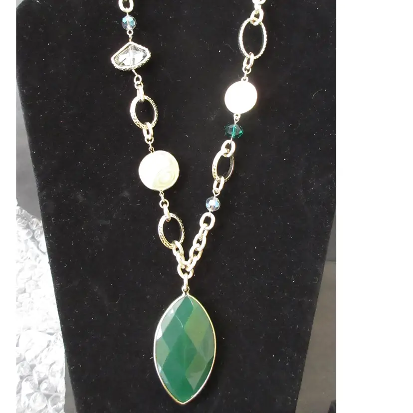 Vintage Large Chunky Gold Tone Metal Chain Link Necklace with Large Green Faceted Lucite Pendant and Acrylic Stones and Disks - 32 Inch Length.