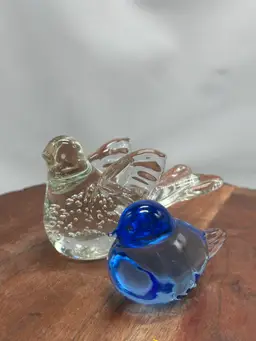 Vintage Glass Dove & Bluebird Controlled Bubble Clear Bird Paperweight