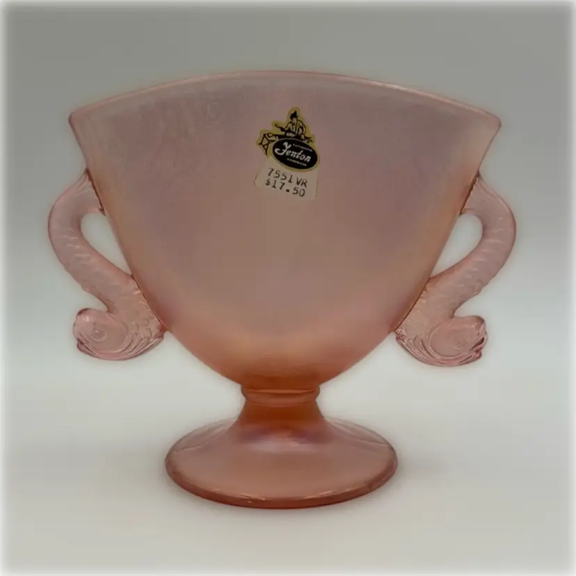 #02 Fenton Art Glass Vintage Pink Carnival Dolphin KOI Handles Fan Vase ORIGINAL Label