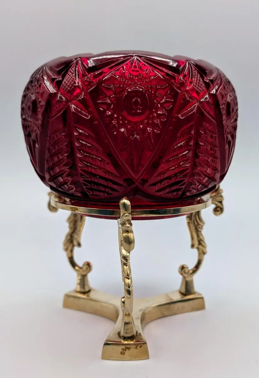 LE Smith Wheaton Kimple McKee Prescut Series Valtec Hobstar Variant Ruby Red Amberina Glass Rose Bowl Vase with Brass Stand