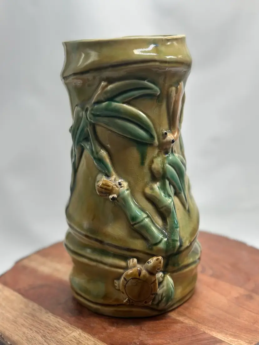 Vintage Majolica Asian Turtles Dragonfly Frogs On Bamboo Vase Anthropomorphic