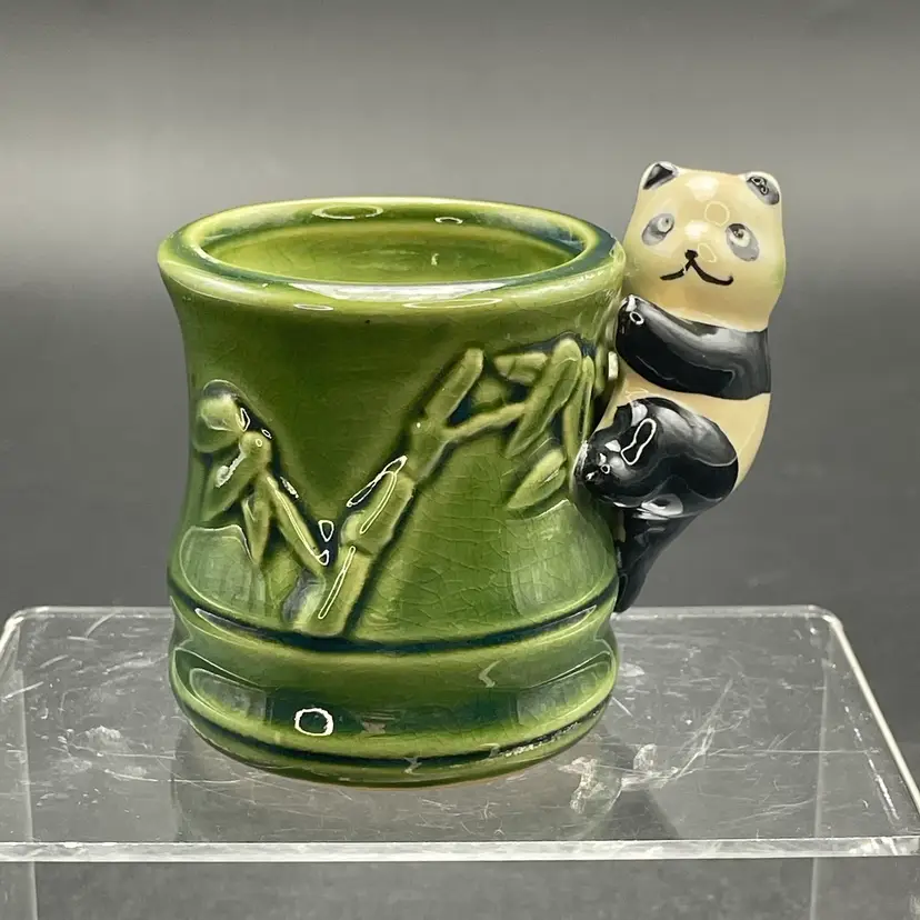 Ceramic Bamboo Planter with Panda Bear Vintage Vase Toothpick Match Holder