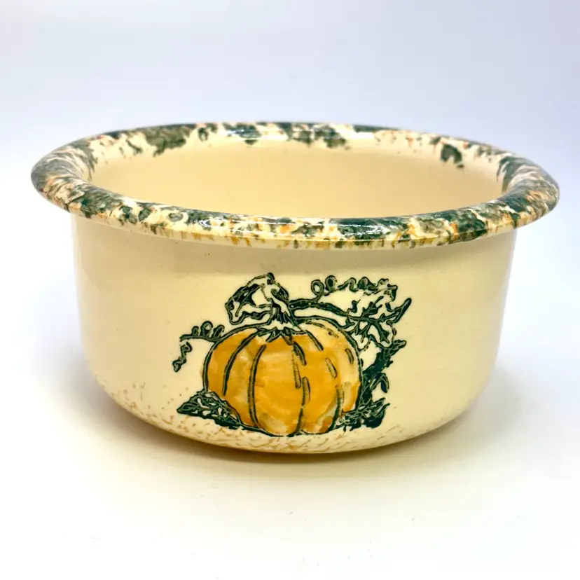 Pumpkin Spongeware Design Pottery Bowl 8”x2.5”