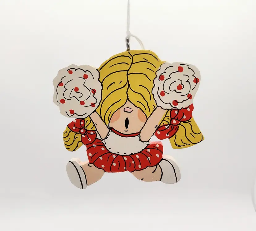 Vintage 80s Handmade Wooden Cheerleader Christmas Ornament Kitsch Painted