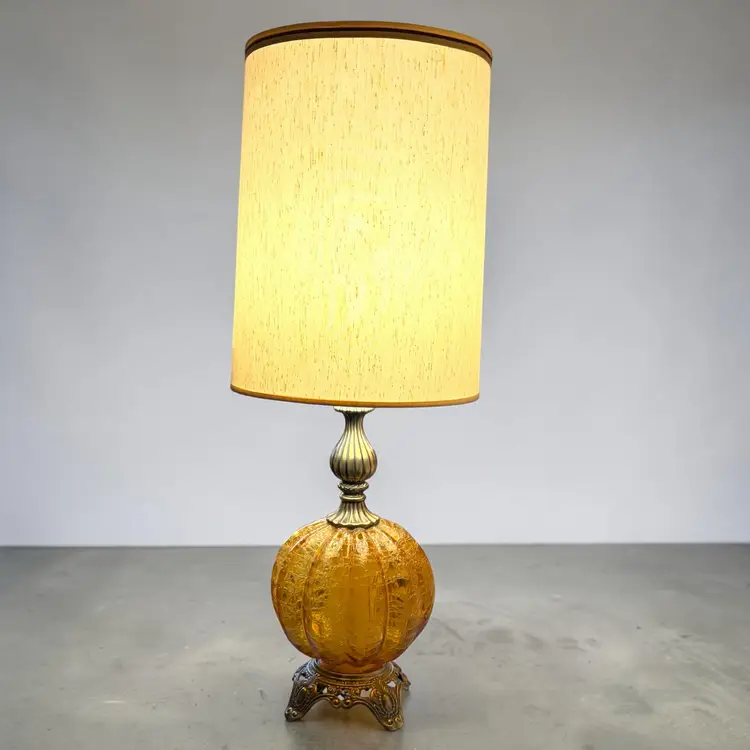 Free Shipping - Read - 1970 MCM Amber Glass 3 Way Table Lamp with Original Shade - EF & EF industries NO. 338 Works