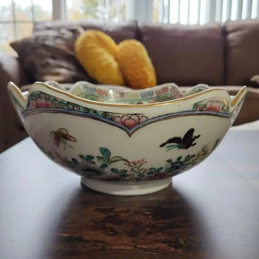 Japanese Porcelain Bowl, Hand Decorated - Hong Kong, Flowers, Birds, Butterflies