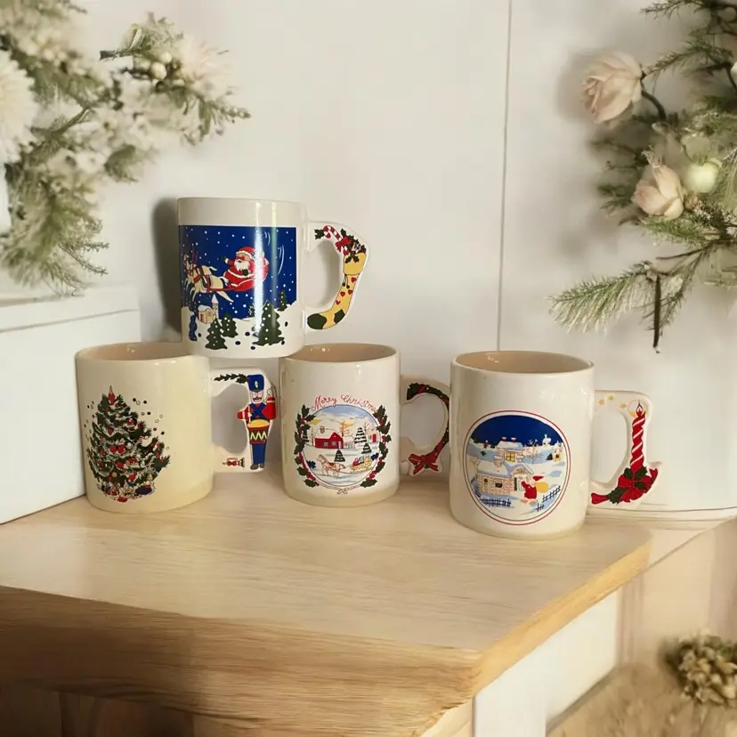 Vintage Christmas Mug Set with Stylized Handles. Coffee, Cocoa Tea Cups. Winter Scenes, Santa Reindeer Merry Christmas Tree