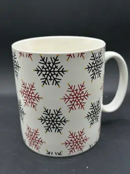 Snowflake Red White Black Christmas Mug Holiday Coffee Cup Tea Hot Cocoa