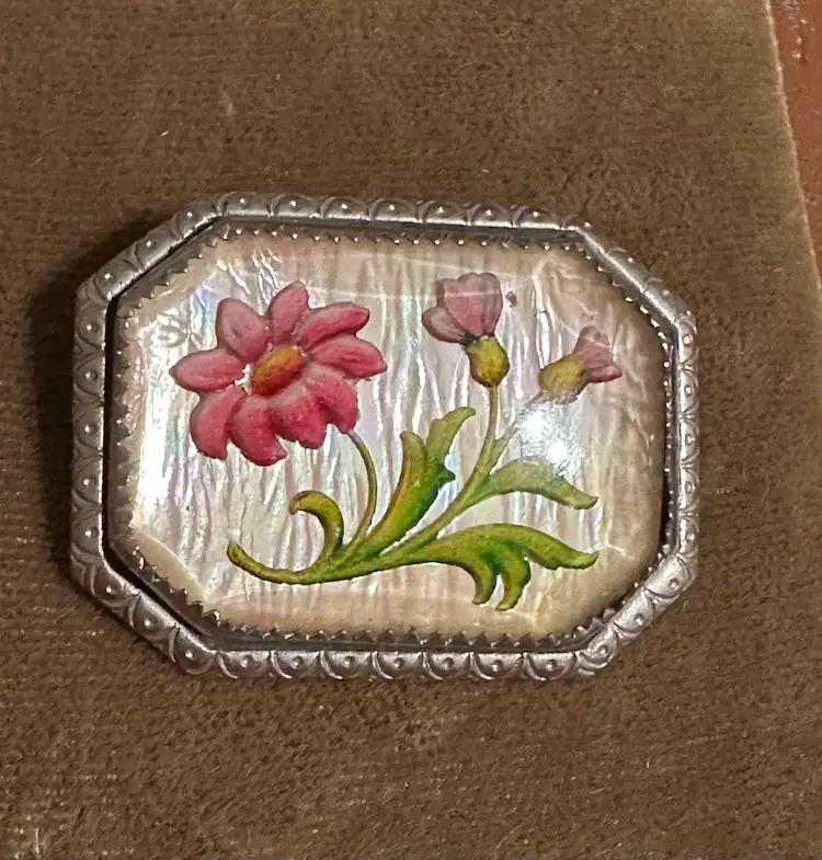 Antique Edwardian Reverse Painted Intaglio Glass pin Pink Flowers