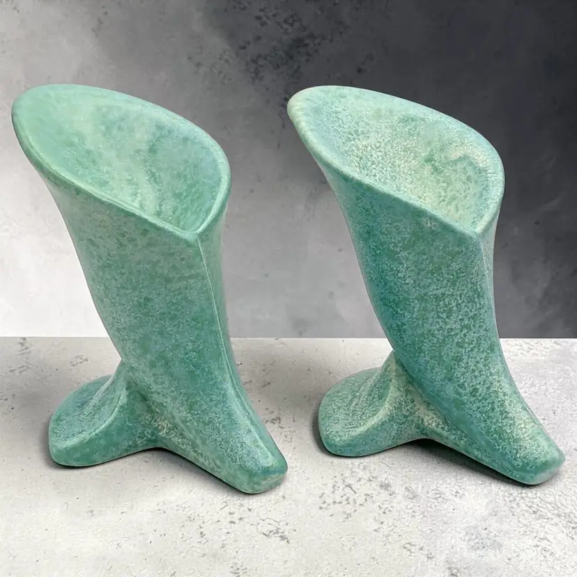 Haeger MCM Turquoise Calla Lily Cornucopia 2 Taper Candlestick Holders Vtg 5" H