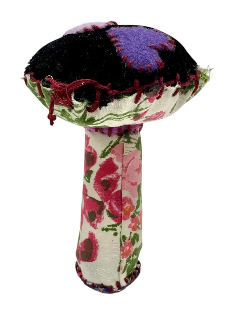 Handmade Fabric Sewn Mushroom Cap Pin Cushion Figurine Purple Floral Heart 4.5”