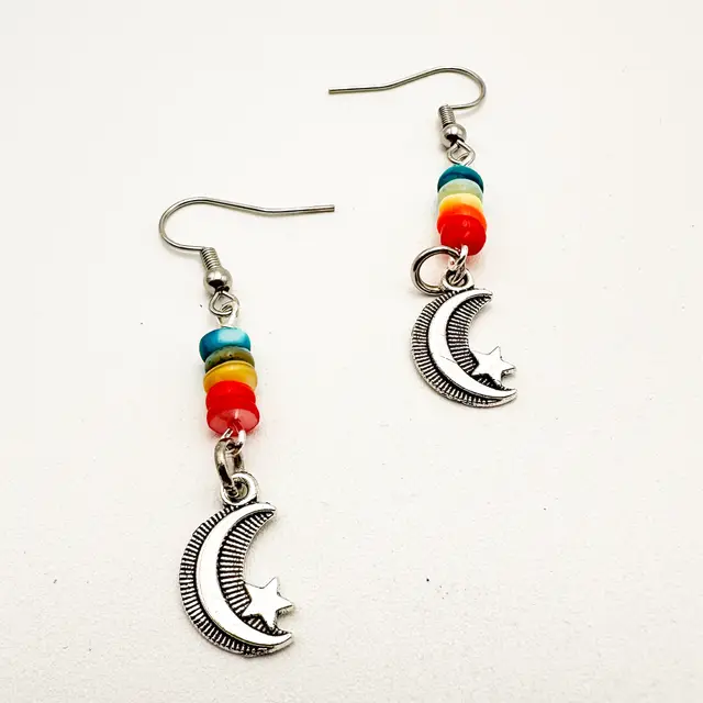 Moon Star Celestial Charm Dangle Earrings Silver Tone Rainbow Beaded Handmade 2