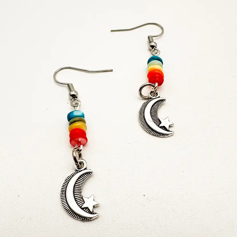 Moon Star Charm Dangle Earrings Silver Tone Rainbow Beaded Handmade 2"