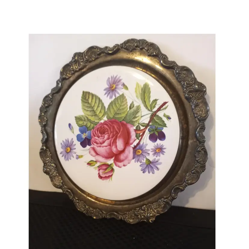 Vintage Trivet Wallace Silversmiths Silverplated Baroque Frame Trivet With Floral Ceramic Insert
