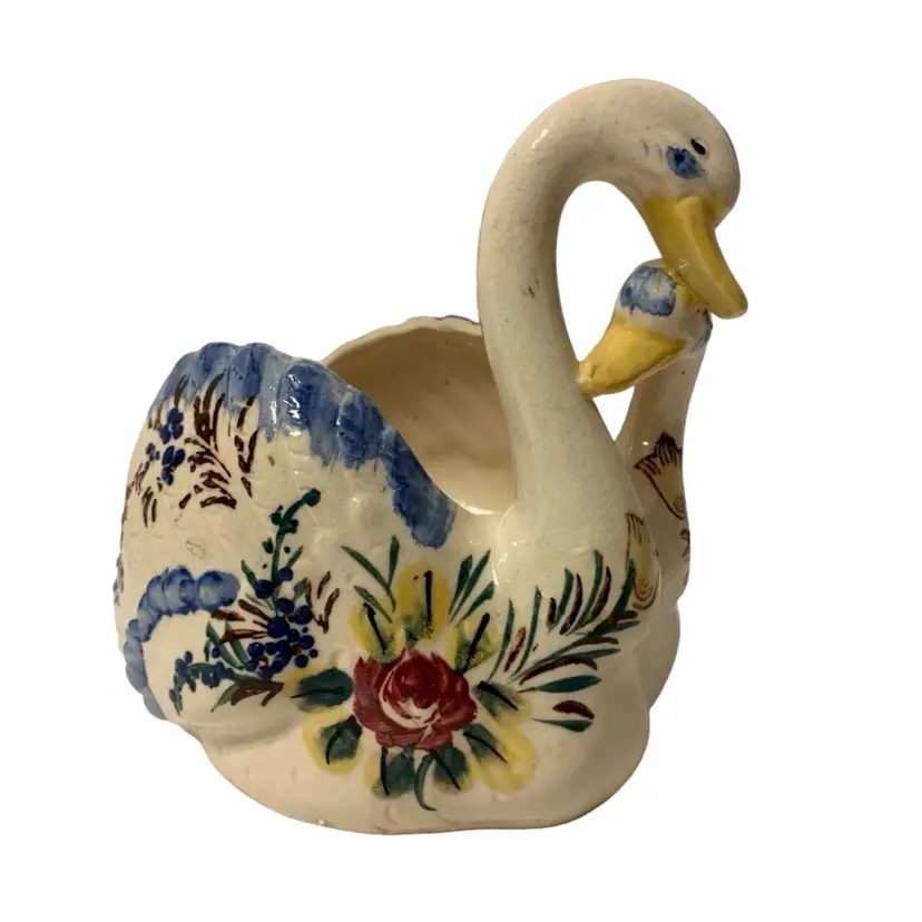 VTG Double Headed Swan Bonded Pair Ceramic Planter w Hand Painted Florals 