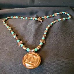 Handmade Czech Republic Glass Beaded Necklace  Copper/Faux Turquoise 26 in