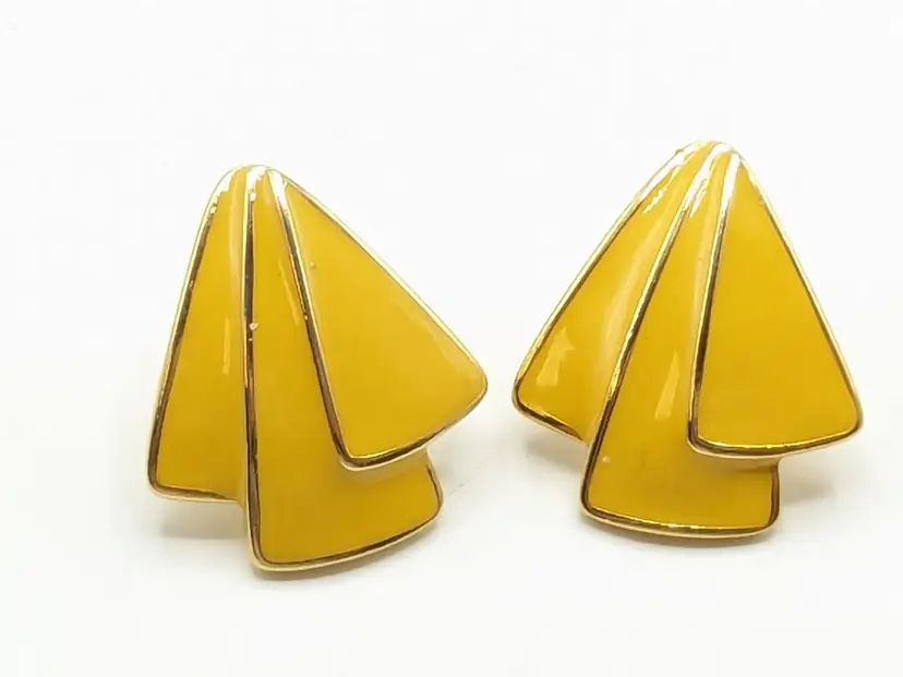 Gold Tone Yellow Enamel Triangle Pierced Earrings